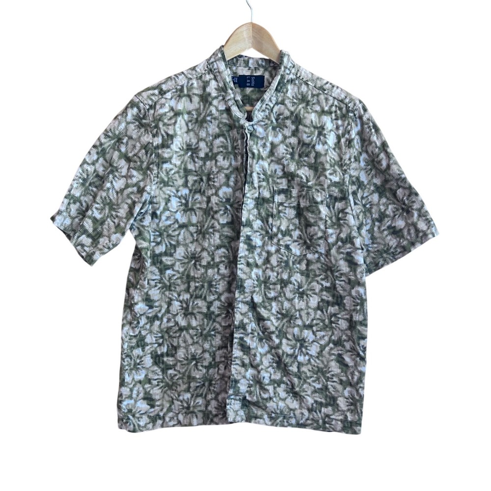 SoHo Lab Abstract Batik Print Camp Shirt Olive Boho Resort Button Up S